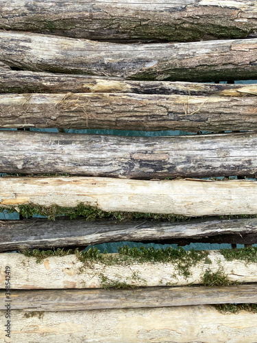 Old bridge over the river closeup. Textured boards with moss and cracks. Mountain river.