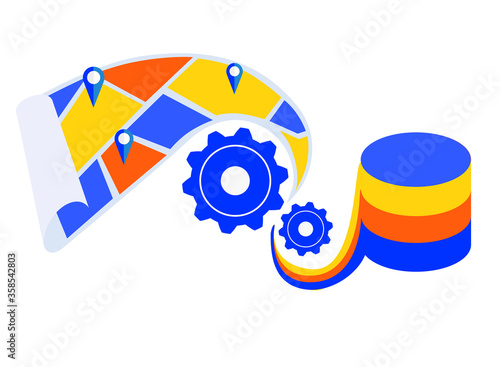 Analytics, processing, AI, ML and data science in GIS. Spatial data, geospatial data, geographic coordinate system. Vector concept illustration.