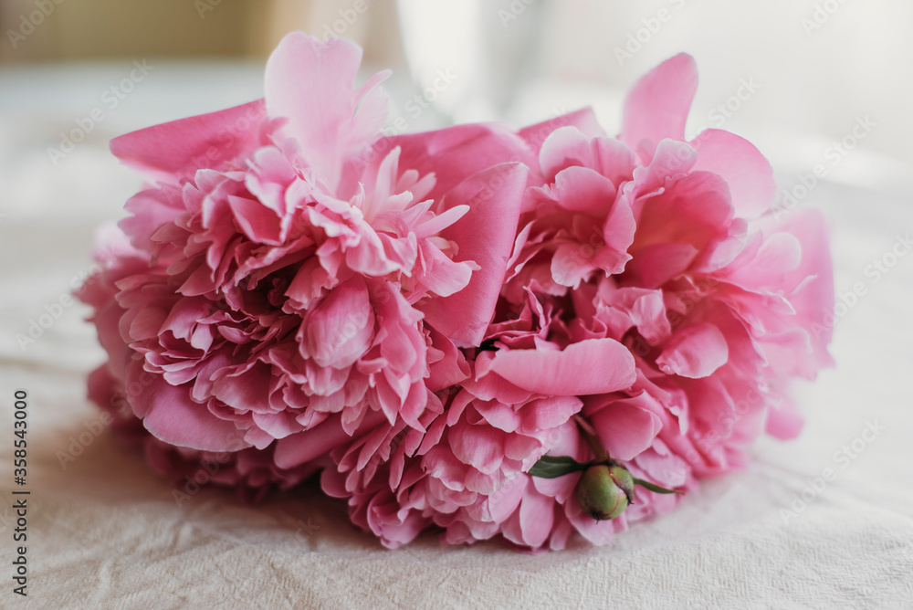 Obraz premium pink peonies on the table with a cup of tea