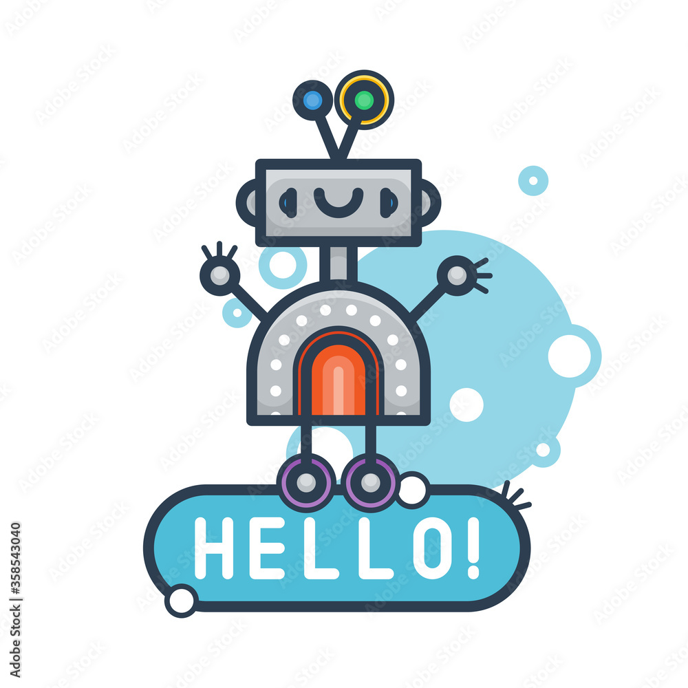 Cute robot say Hello. Isolated illustration virtual online help customer support on white background Cute robot say Hello. Isolated illustration virtual online help customer support on white background