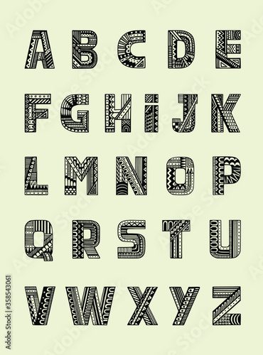 Hand-drawn ornamental alphabet with geometric pattern. Vector set with uppercase patterned letters.