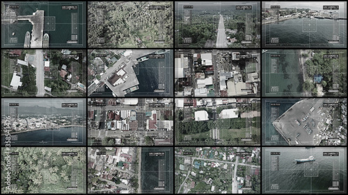 Multi screens, show us the top view of a small Asian city. CIA and cctv concept photo