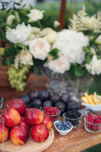 Wedding catering outdoor close up. food on buffet on wedding celebration