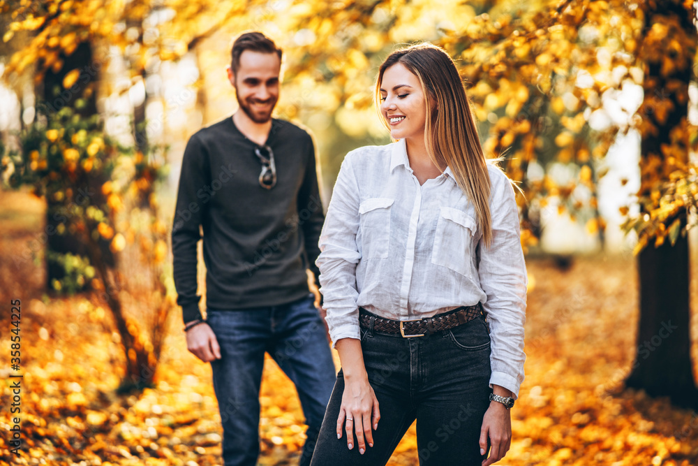 Beautiful young couple walking in the autumn park on a sunny day. They hug and smile, enjoy a walk Beautiful young couple walking in the autumn park on a sunny day. They hug and smile, enjoy a walk