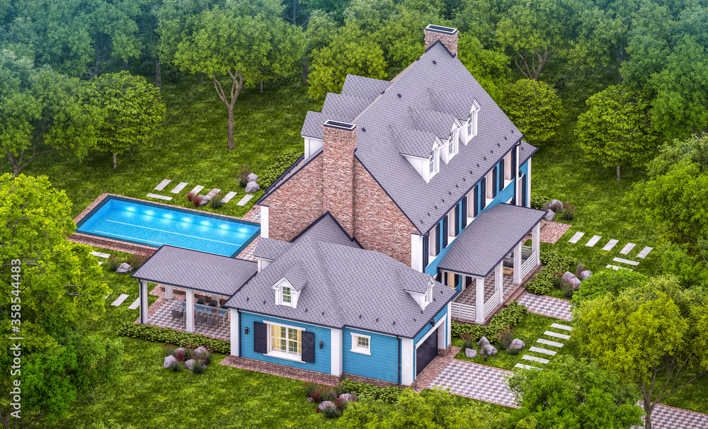 3d rendering of modern cozy classic house in colonial style with garage and pool for sale or rent with beautiful landscaping on background. Clear summer evening with cozy light from window 3d rendering of modern cozy classic house in colonial style with garage and pool for sale or rent with beautiful landscaping on background. Clear summer evening with cozy light from window