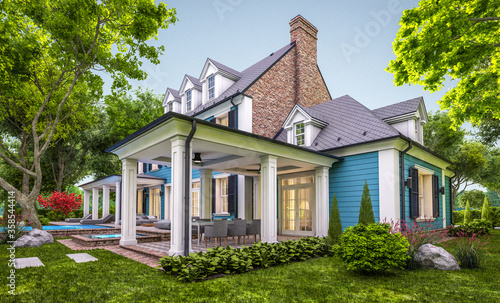 3d rendering of modern cozy classic house in colonial style with garage and pool for sale or rent with beautiful landscaping on background. Clear summer evening with cozy light from window