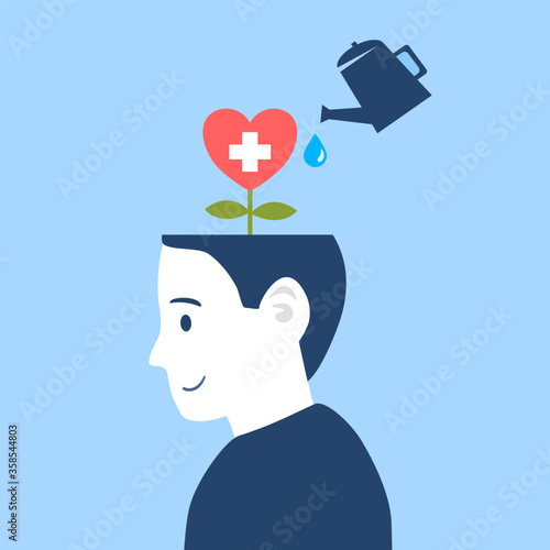 Silhouette of human head opened with heart shape flower bloom inside. Mental health concept vector illustration. World mental health day. Psychological therapy and treatment. Mind care.	
