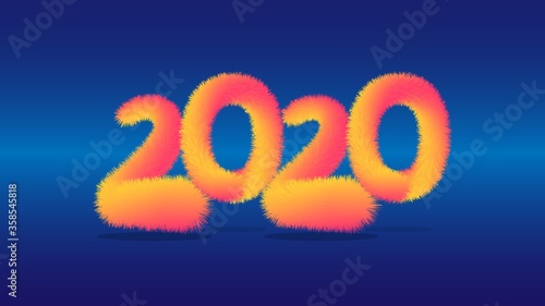 The inscription in 3D style. 2020, voluminous fluffy text on a blue background. Modern colors. Vector image in flat design style.