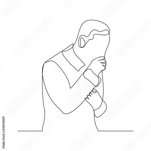 Continuous line drawing of man suffer cough and holding cest. Vector illustration