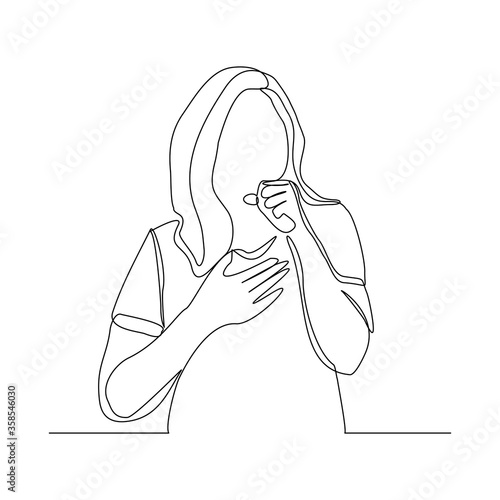 Continuous line drawing of woman suffer cough and holding cest. Vector illustration