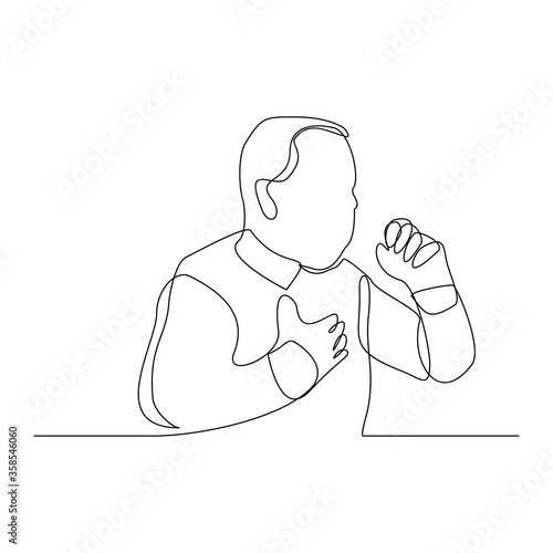 Continuous line drawing of man suffer cough and holding cest. Vector illustration