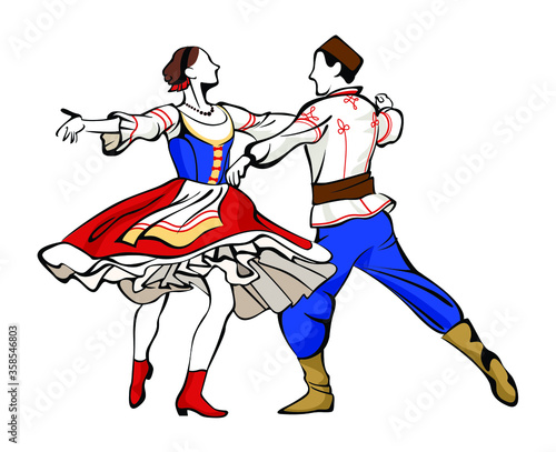 Color linear vector illustration of silhouettes of a man and a woman dancing Hungarian Czardas dance in national costumes © Marina