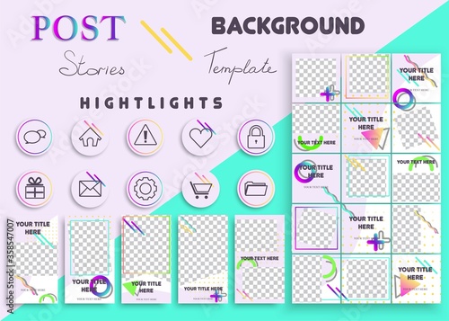 Set of the vector social media banners for Instagram, including post background, stories template, hightlights. Mockup with pazzle style, fashionable memphis design