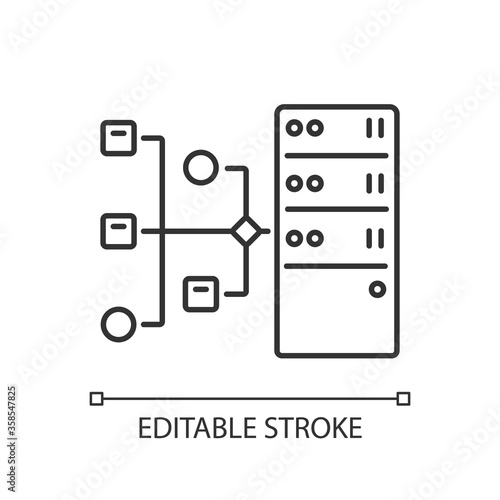 Resource server linear icon. Virtual database access, information storage. Internet technology thin line customizable illustration. Contour symbol. Vector isolated outline drawing. Editable stroke