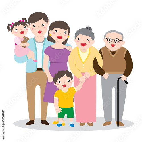 Drawing Of A Big Happy Family Portrait With Parents  Children And Grandparents. Vector Flat Cartoon Illustration.      
