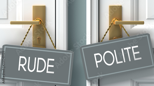 polite or rude as a choice in life - pictured as words rude, polite on doors to show that rude and polite are different options to choose from, 3d illustration