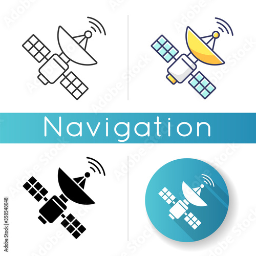 Space satellite icon. Cosmos exploration, modern telecommunication, aerospace industry. Linear black and RGB color styles. Orbital sputnik transmitting data. Isolated vector illustrations