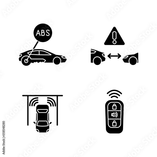 Smart driving safety systems black glyph icons set on white space. Driver assistance silhouette symbols. Anti lock system, cruise control, parking sensor, keyless entry. Vector isolated illustration