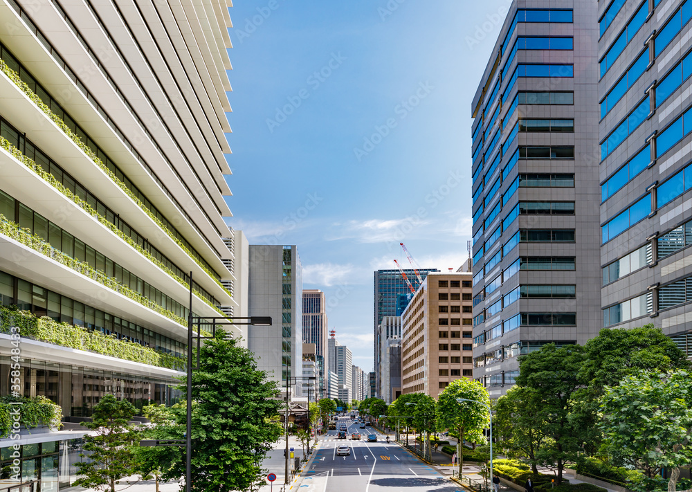 新緑が綺麗な東京の高層ビル群