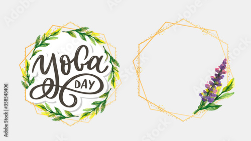 Lettering Yoga. Vector background International Yoga Day. Vector design for poster, T-shirts, bags. Yoga typography. Vector elements for labels, logos, icons, badges.