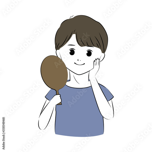 鏡をみて肌の調子を確認している男性のイラスト　(上半身)