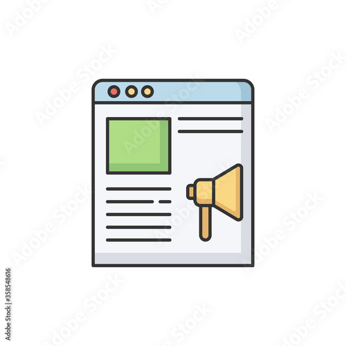 Online campaign RGB color icon. Marketing strategy. Native advertising. Announcement in internet blog publication. Article page with promotion. Social media news. Isolated vector illustration