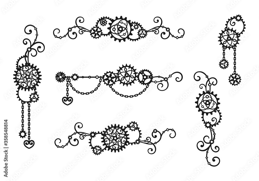 Borders And Frames Of Gears Chains And Curls Mechanism Steampunk Set Of Decorative Elements borders-and-frames-of-gears-chains-and-curls-mechanism-steampunk-set-of-decorative-elements