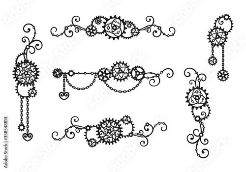 Borders and frames of gears, chains and curls. Mechanism. Steampunk. Set of decorative elements for a stylish holiday greeting card, signage, labels, laser and plotter cutting. Vector design template