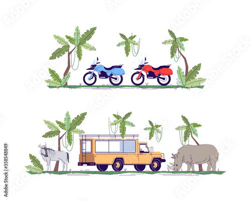 Truck and motorcycle semi flat RGB color vector illustration set. Jungle exploration. Tour to savannah. Tropical forest trip. Transportation isolated cartoon objects on white background collection