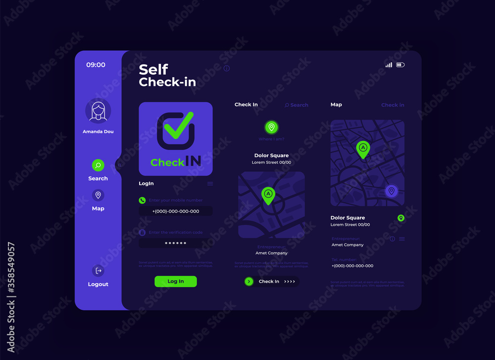 Social check in tablet interface vector template. Mobile app page night mode design layout. User profile menu screen. Flat UI for application. GPS maps with locations tags on portable device display