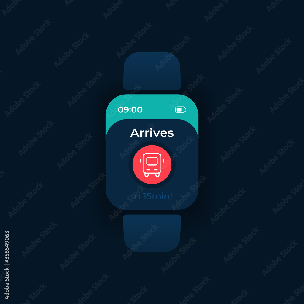 Passenger transport arrival smartwatch interface vector template. Mobile app notification night mode design. Bus arrival reminder on screen. Flat UI for application. Bus icon on smart watch display Passenger transport arrival smartwatch interface vector template. Mobile app notification night mode design. Bus arrival reminder on screen. Flat UI for application. Bus icon on smart watch display