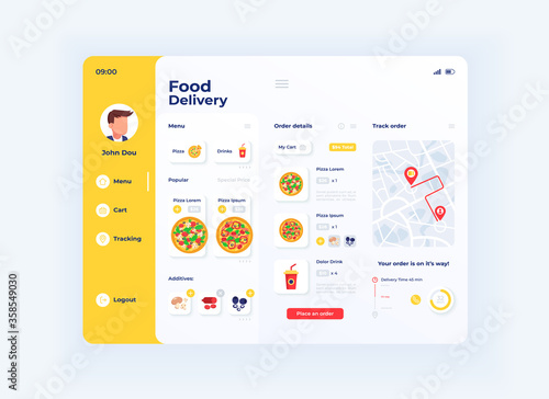 Pizza delivery tablet interface vector template. Mobile app page light mode design layout. Customer menu screen. Flat UI for application. Order details and delivery route on portable device display