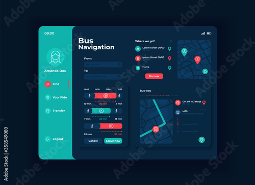 Passenger transport navigation tablet interface vector template. Mobile app page night mode design layout. User profile menu screen. Flat UI for application. Bus routes on portable device display