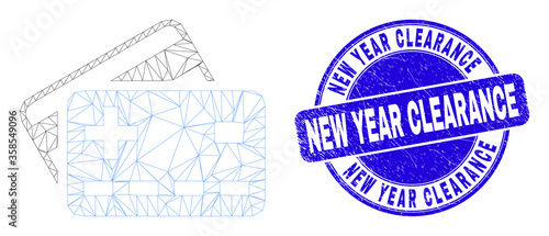 Web carcass plus bank cards icon and New Year Clearance watermark. Blue vector round textured watermark with New Year Clearance phrase.