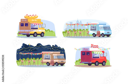 Food trucks semi flat vector illustration set. Van to sell hot dog. Food court with chairs and tables. Sell pizza from transport. Urban seasonal fair 2D cartoon scene pack for commercial use