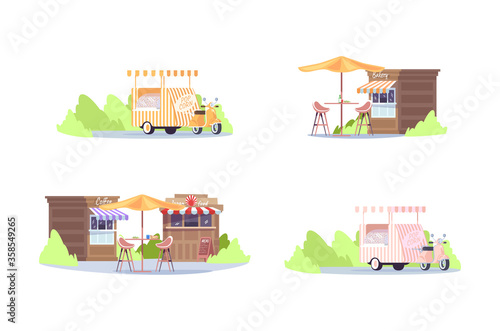 Food festival in urban park semi flat RGB color vector illustration set. Van to sell popcorn. Court with table and chairs. Food fest shops isolated cartoon object pack on white background