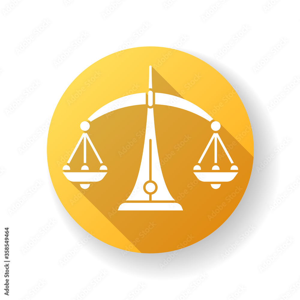 Libra zodiac sign yellow flat design long shadow glyph icon. Judicial system, equilibrium, horoscope scales. Balanced old fashioned weight measuring instrument. Silhouette RGB color illustration Libra zodiac sign yellow flat design long shadow glyph icon. Judicial system, equilibrium, horoscope scales. Balanced old fashioned weight measuring instrument. Silhouette RGB color illustration