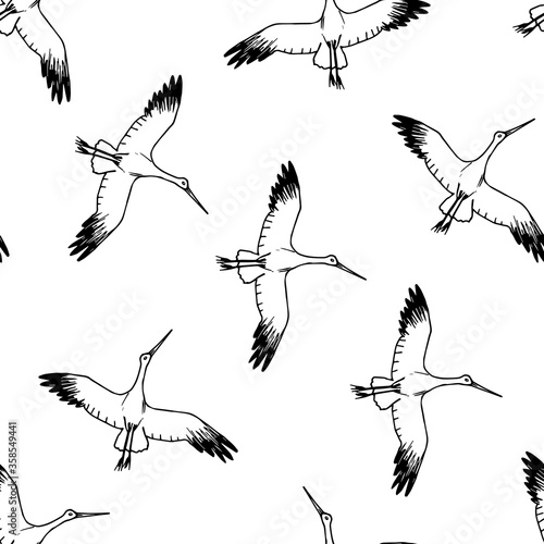 Hand-drawn simple vector seamless pattern. Black outline of a stork flying in the sky on a white background. Wildlife, birds. For prints of fabric, textile products, paper, clothing, shirts.