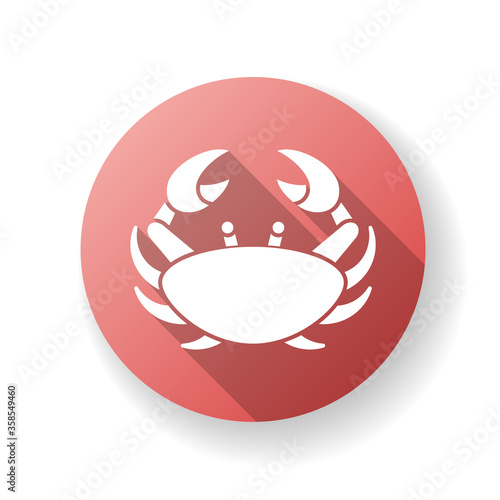 Cancer zodiac sign red flat design long shadow glyph icon. Astrological crab. Horoscope birth sign. Tropical crustacean, sea life, aquatic animal with claws. Silhouette RGB color illustration