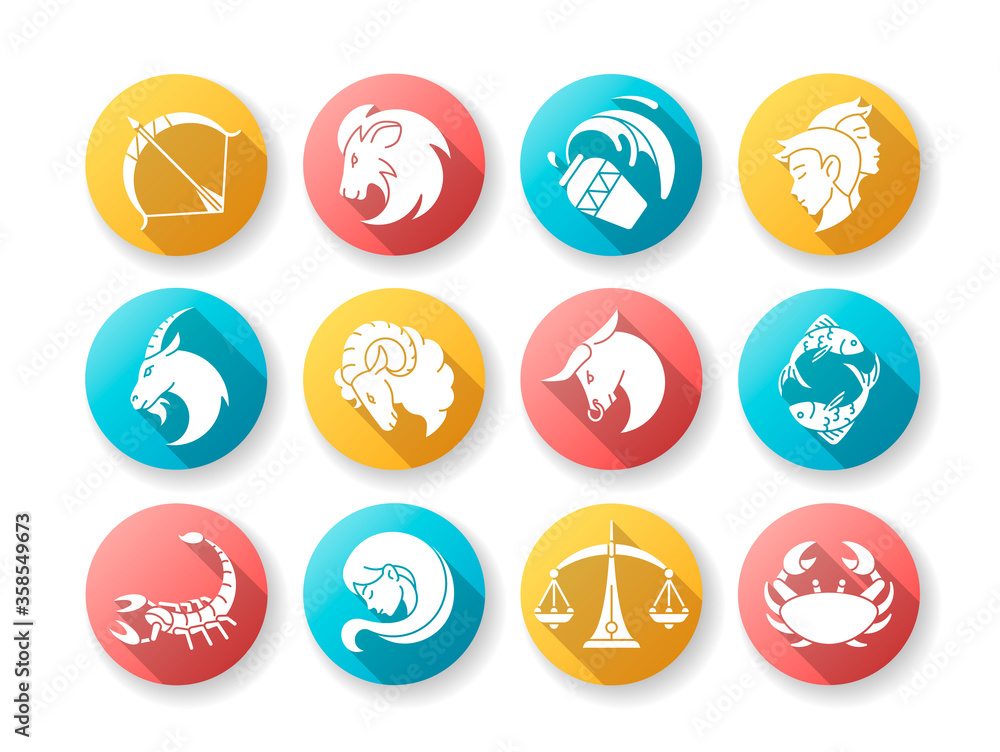 Zodiac signs flat design long shadow glyph icons set. Twelve horoscope for fortune telling. Astrology and future prediction. Different birth signs Silhouette RGB color illustration Zodiac signs flat design long shadow glyph icons set. Twelve horoscope for fortune telling. Astrology and future prediction. Different birth signs Silhouette RGB color illustration