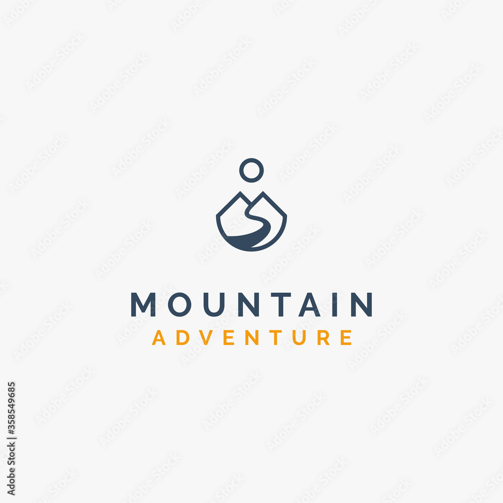 Simple and creative mountain, river flow and sun for adventure logo design inspiration