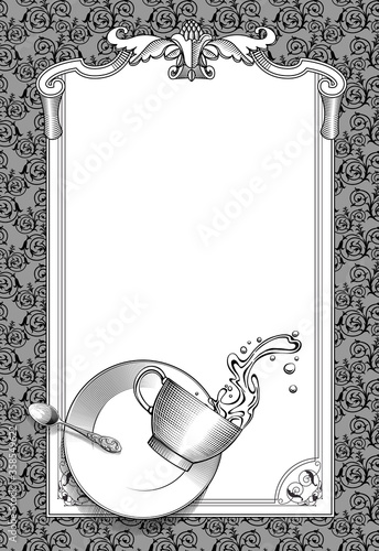 Engraved drawing of an old decorative frame and falling coffee cup with spilling water, saucer and spoon