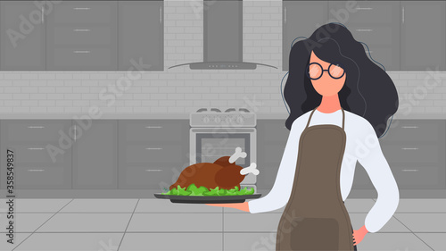 A female holds a roast turkey in her hand. A girl in a kitchen apron holds a fried chicken. Good for banners and articles on the culinary theme. Vector.