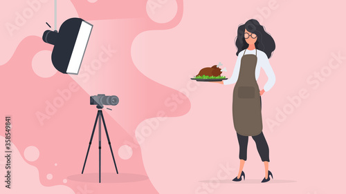Culinary blogger. A woman in a kitchen apron holds a fried chicken on a tray. Camera on a tripod, softbox. The concept of a culinary blog or vlog. Vector.