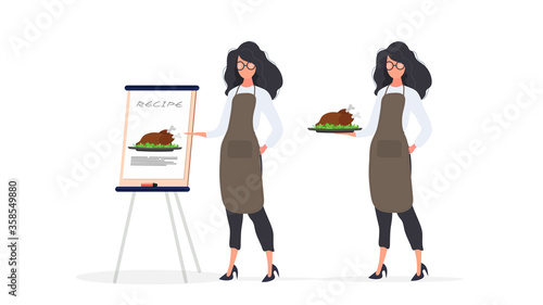 Female cook shows a recipe. Girl in the kitchen apron. Fried Chicken Recipe. Isolated. Vector.
