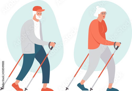 Elderly Senior couple making nordic walking training together. Flat vector characters