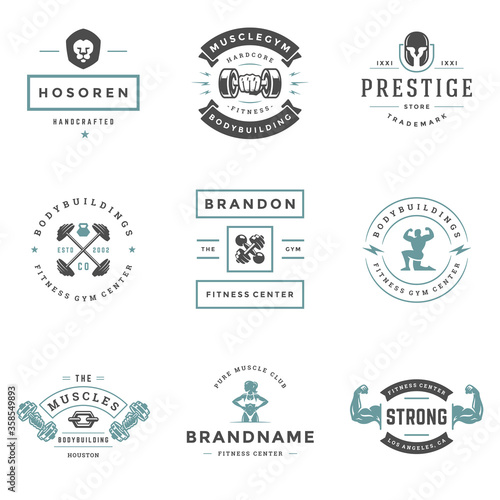 Fitness center and sport gym logos and badges design set vector illustration.