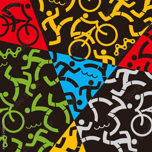Triathlon icons, colorful dynamic background. 
Background with icons of triathlon athletes, swimmers, cyclists, runner. Vector available.