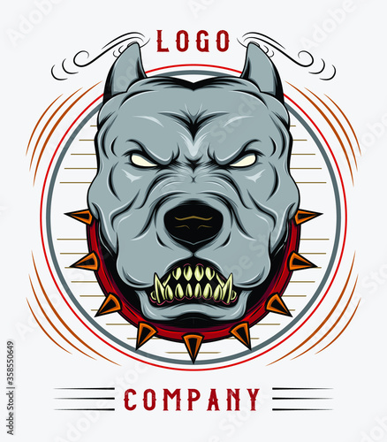 Bulldog emblem design template. pitbull in spiked collar on BLACK grunge background. logo design for sport team.