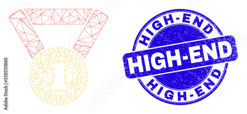 Web mesh gold medal icon and High-End seal stamp. Blue vector round distress seal stamp with High-End text. Abstract carcass mesh polygonal model created from gold medal pictogram.